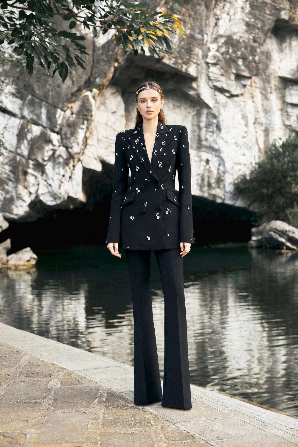 Stone Embellishments Blazer With Straight Trousers Set - TRACY COUTURE